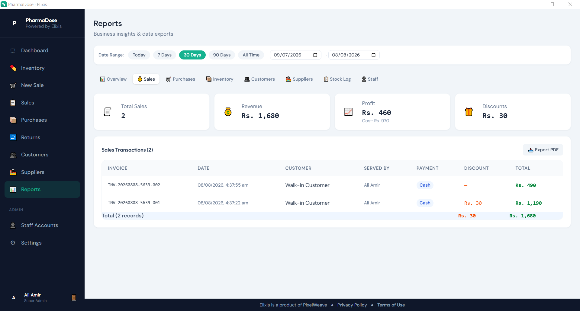 Sales report screen